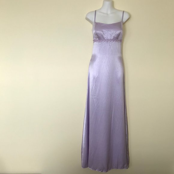 Light Purple Satin Formal Maxi Spaghetti Strap Dress with Beaded Daisy Trim - Picture 5 of 5